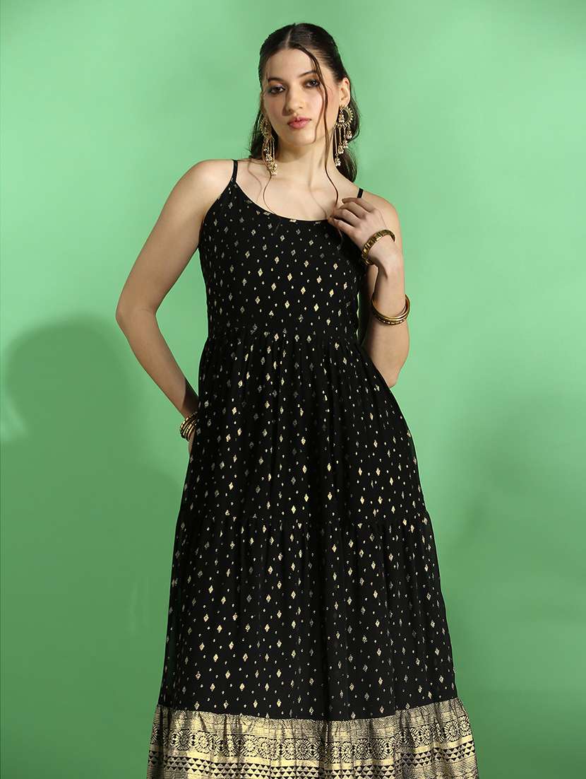 globus women black strappy shoulder gold foil ethnic motifs smocked tiered fit & flare maxi festive dress - 22069772 -  Standard Image - 1