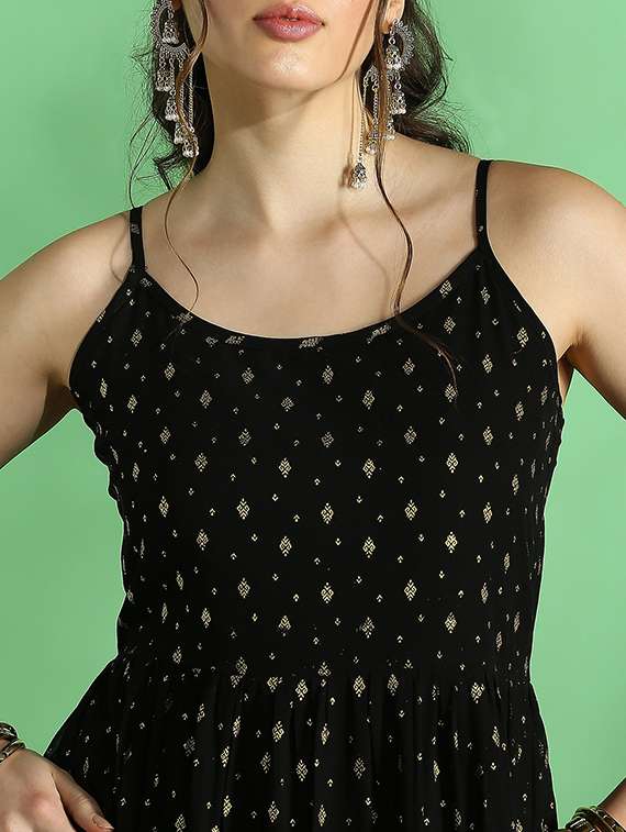 globus women black strappy shoulder gold foil ethnic motifs smocked tiered fit & flare maxi festive dress - 22069772 -  Standard Image - 4