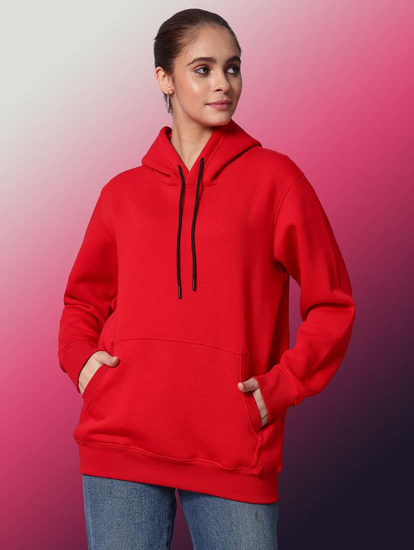 women solid long sleeve hooded sweatshirt