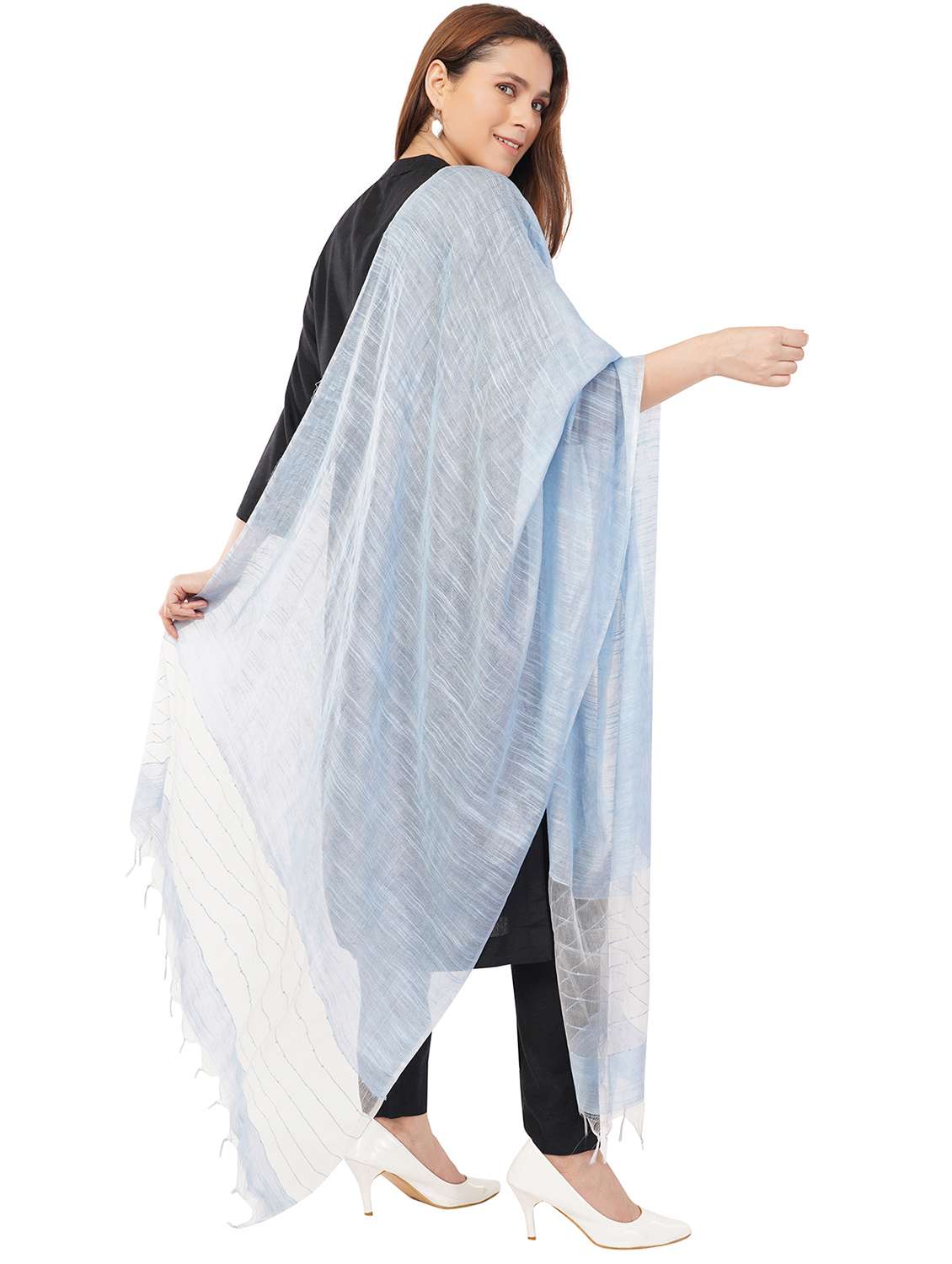 women dupatta with self linen like body with tiny sequins highlighting the edges - 22070603 -  Standard Image - 1