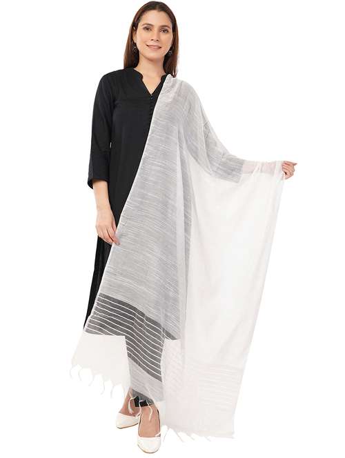 women dupatta with self linen like body with tiny sequins highlighting the edges