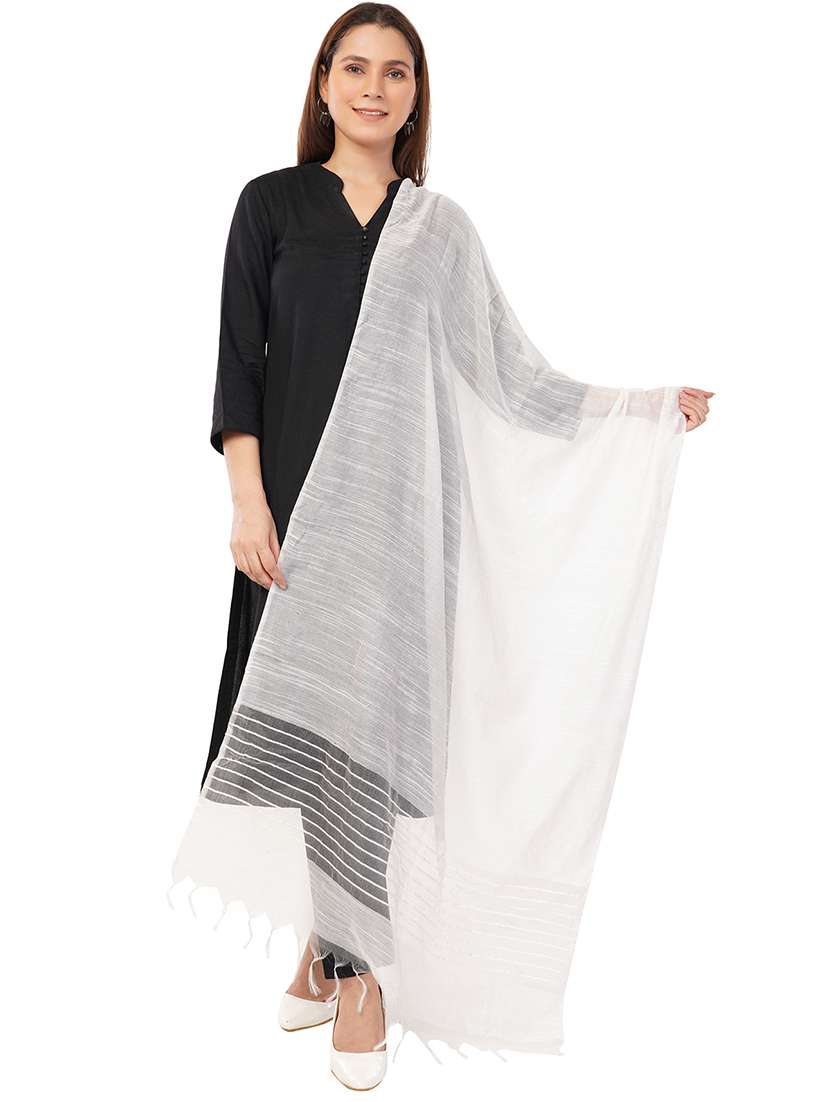 women dupatta with self linen like body with tiny sequins highlighting the edges