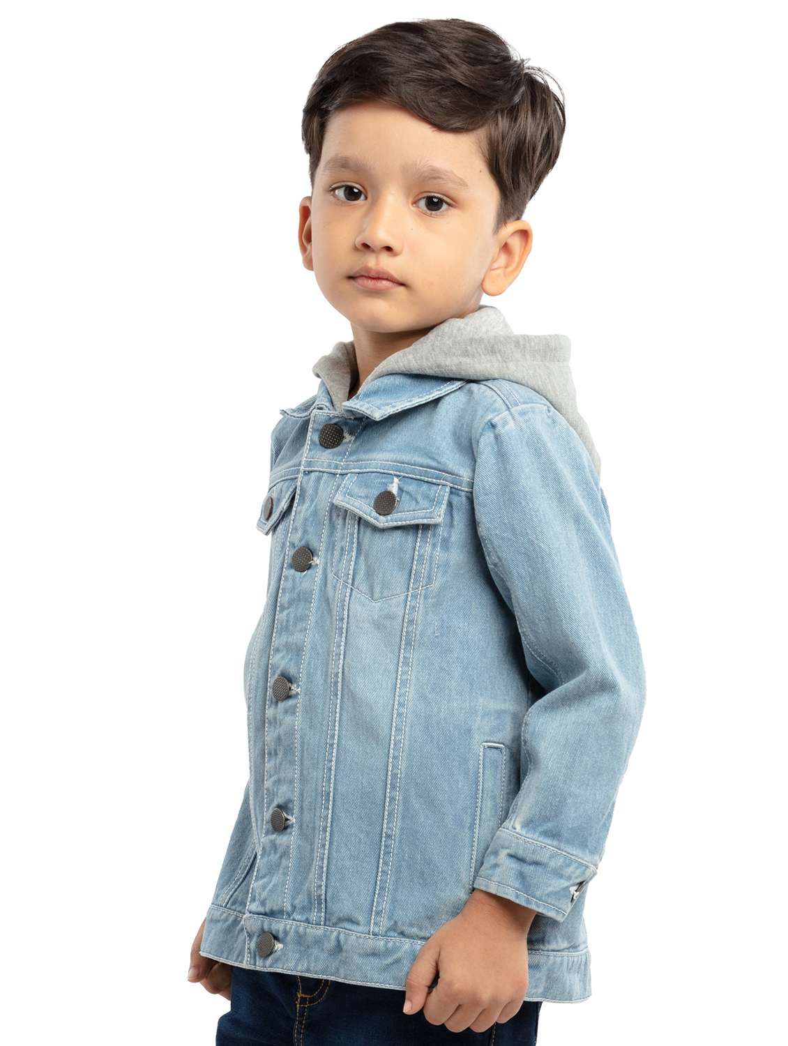 boys solid long sleeve hooded denim jacket