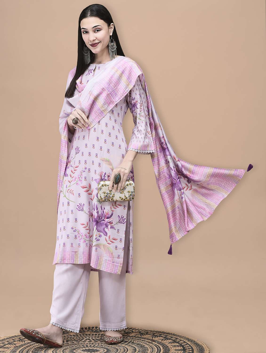women floral three quarter sleeve kurta pant with dupatta set - 22070680 -  Standard Image - 1