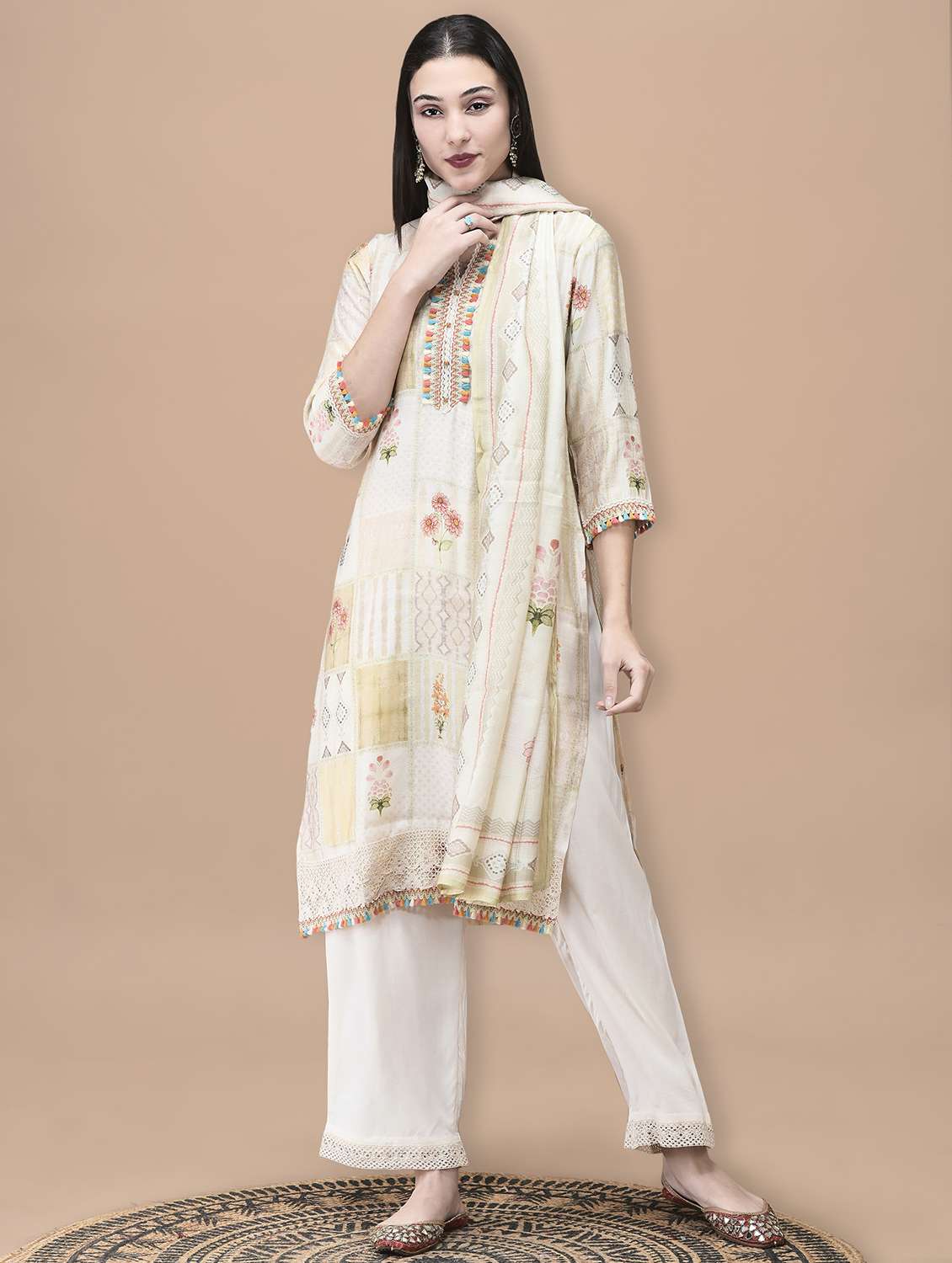 women printed three quarter sleeve kurta pant with dupatta set - 22070681 -  Standard Image - 1