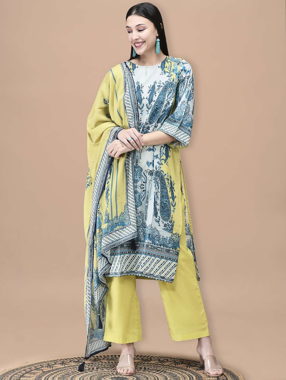 women printed three quarter sleeve kurta pant with dupatta set - 22070682 -  Standard Image - 1