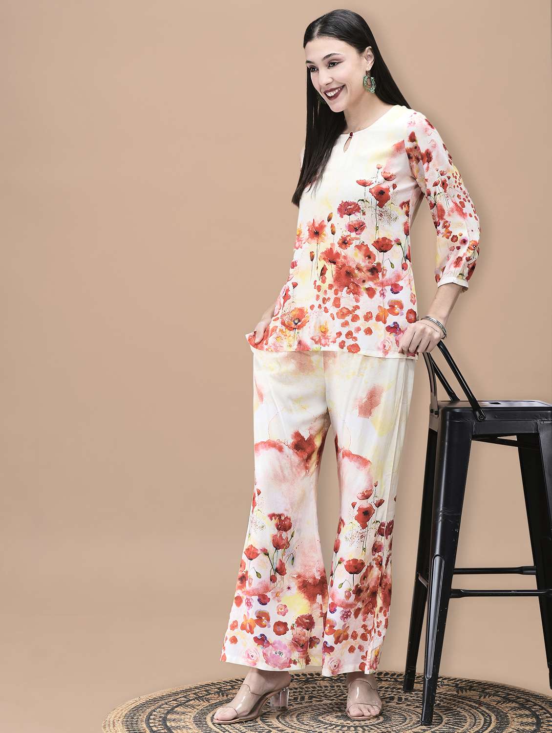 women floral three quarter sleeve ethnic co-ord set - 22070684 - Standard Image - 1