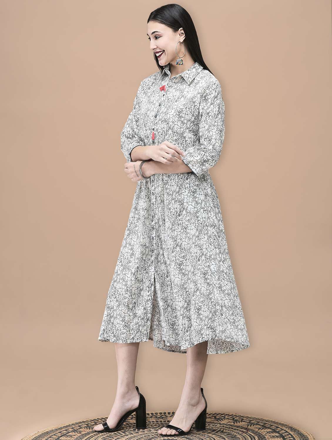 women floral printed three quarter sleeve a-line ethnic dress - 22070685 - Standard Image - 4