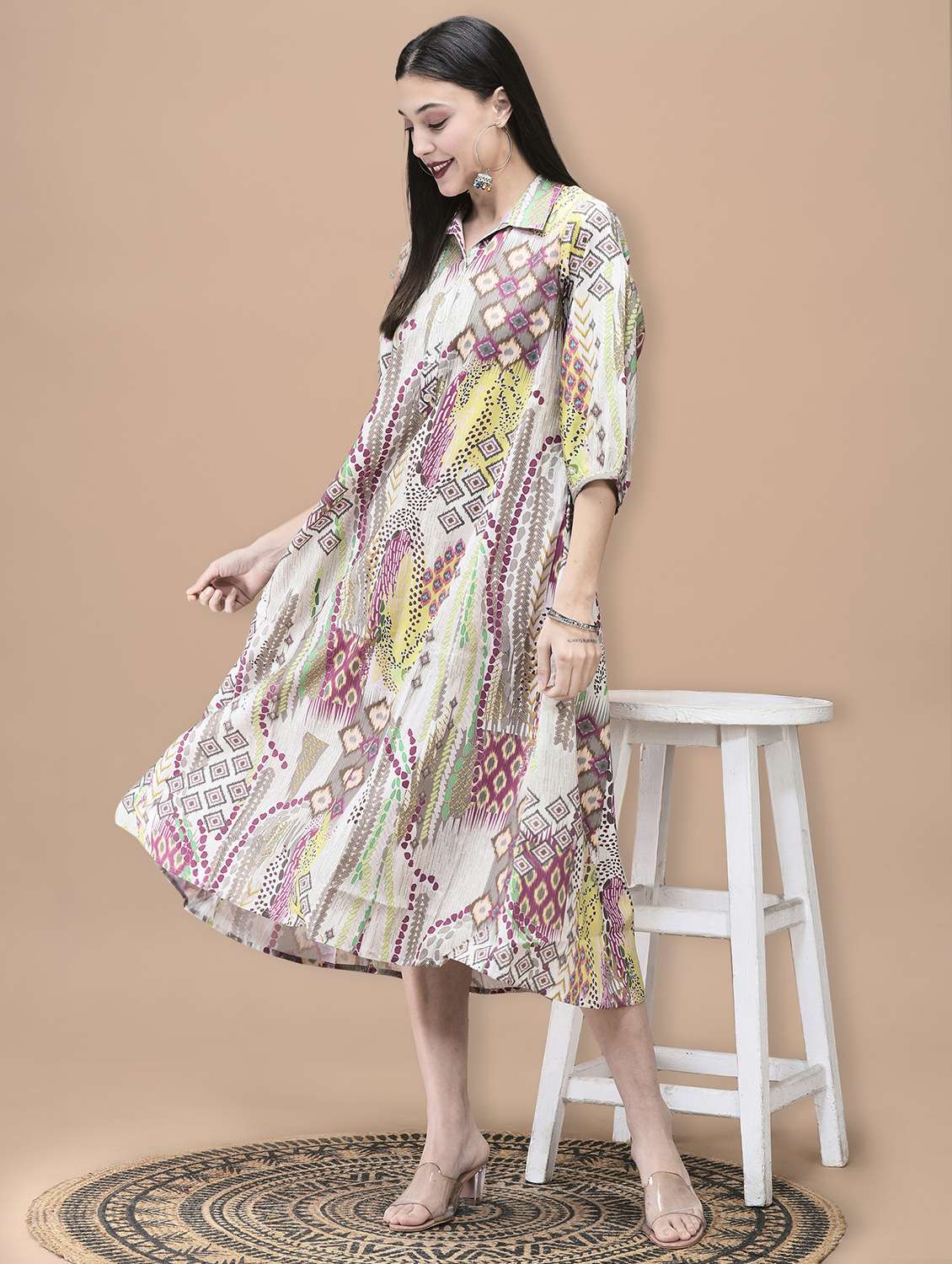 women ikat printed three quarter sleeve ethnic dress - 22070686 -  Standard Image - 1