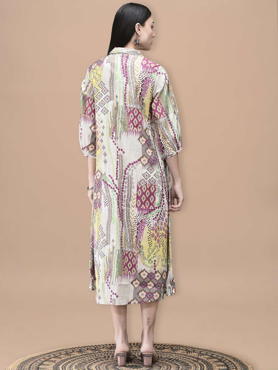 women ikat printed three quarter sleeve ethnic dress - 22070686 - Standard Image - 4