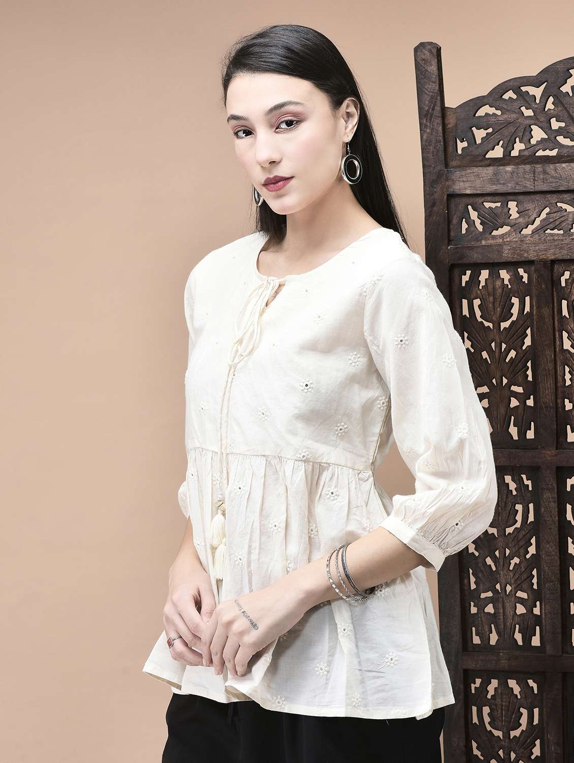 women embroidered tie-up neck flared tunic - 22070690 -  Standard Image - 1