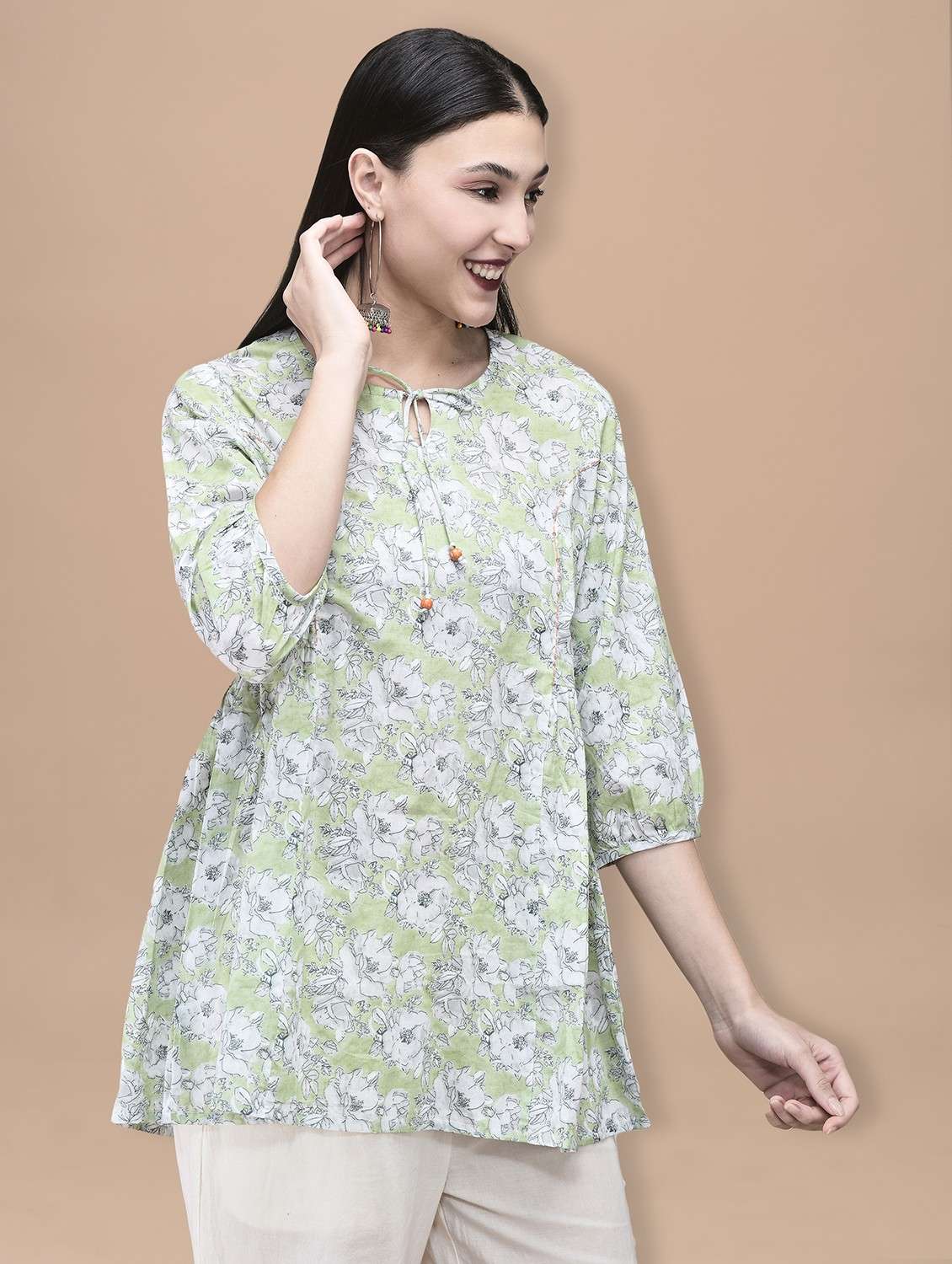 women printed tie-up neck puff sleeve kurti - 22070691 - Standard Image - 1