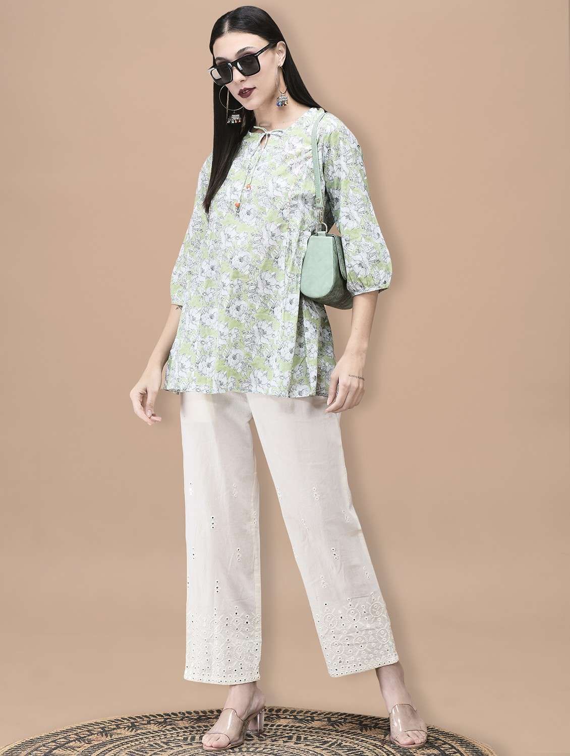 women printed tie-up neck puff sleeve kurti - 22070691 - Standard Image - 4
