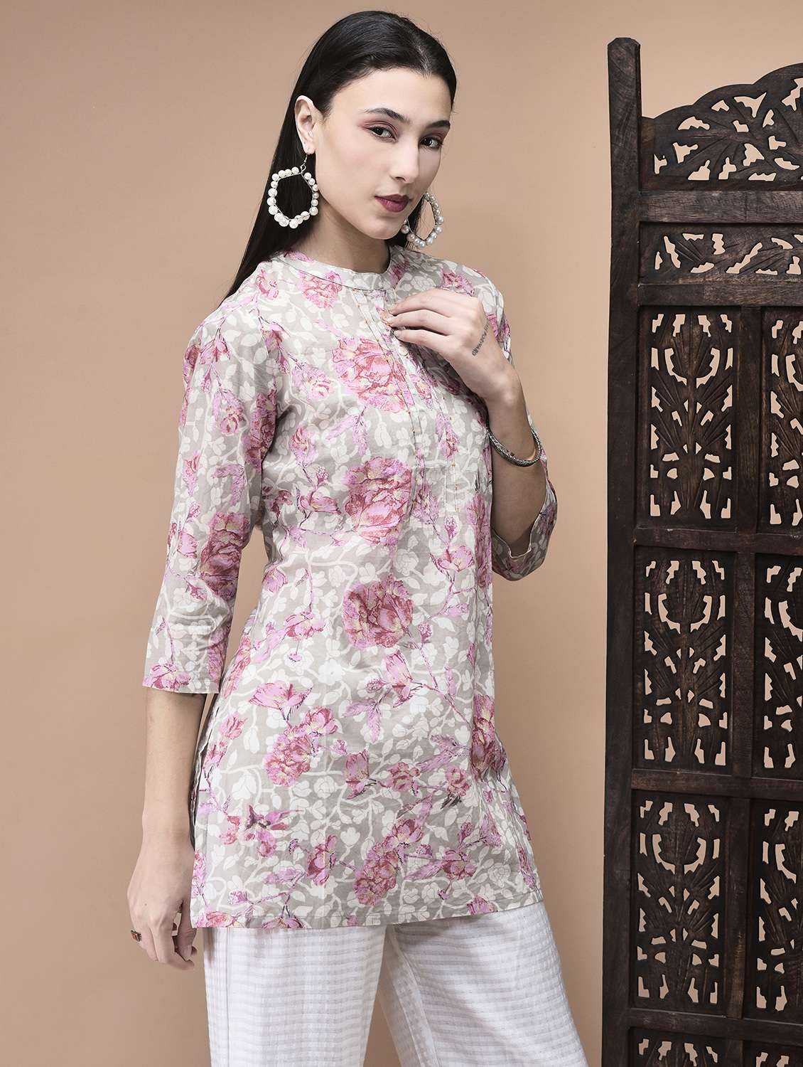 women floral print three quarter sleeve tunic - 22070692 -  Standard Image - 1