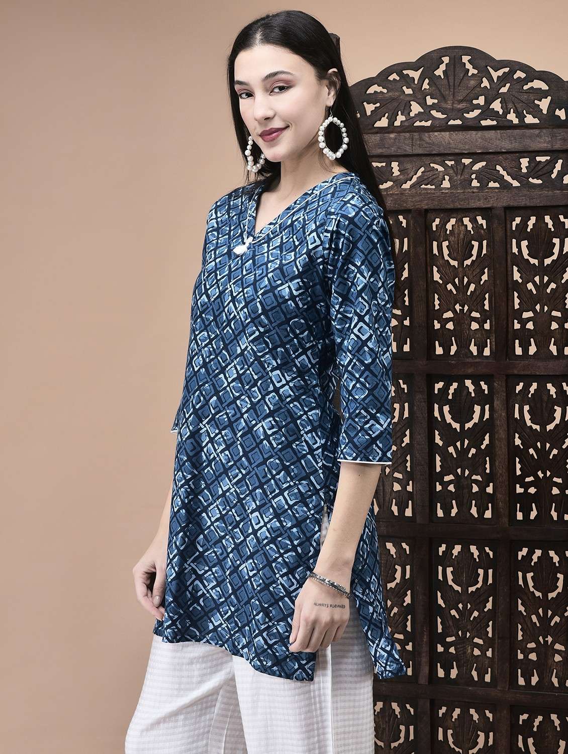 women printed three quarter sleeve kurti - 22070693 - Standard Image - 1