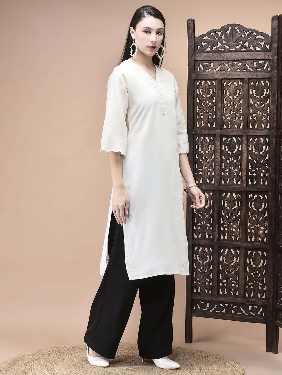 women solid with work three quarter sleeve straight kurta - 22070839 - Standard Image - 1