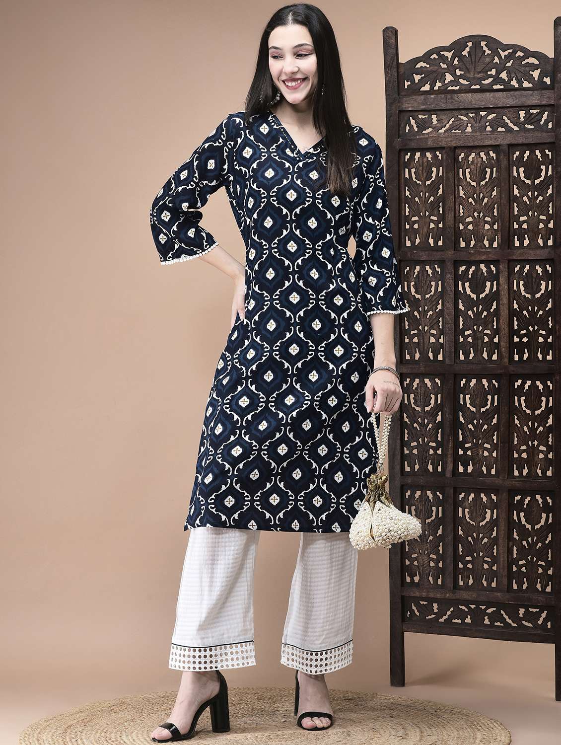 women printed three quarter sleeve straight kurta - 22070840 - Standard Image - 1