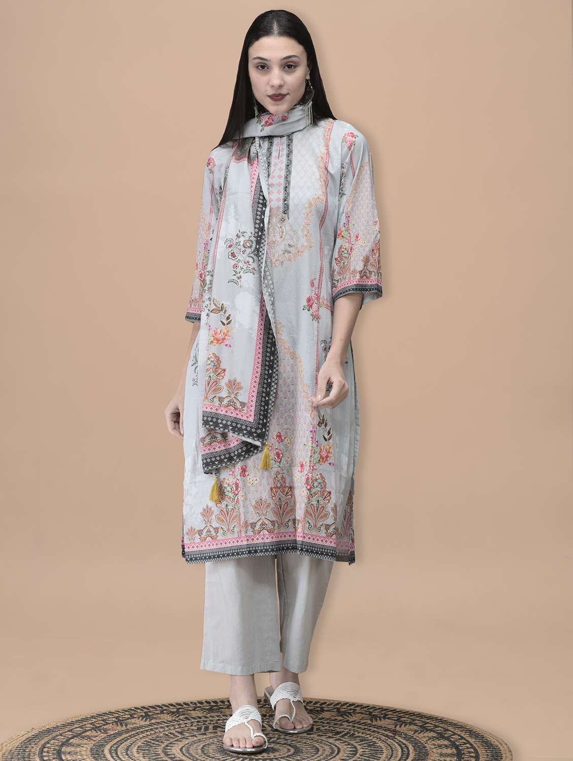 women printed three quarter sleeve kurta pant with dupatta set - 22070842 - Zoom Image - 0
