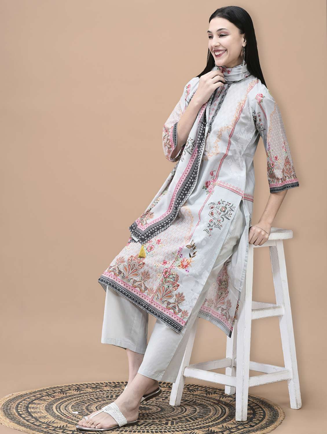 women printed three quarter sleeve kurta pant with dupatta set - 22070842 - Standard Image - 1