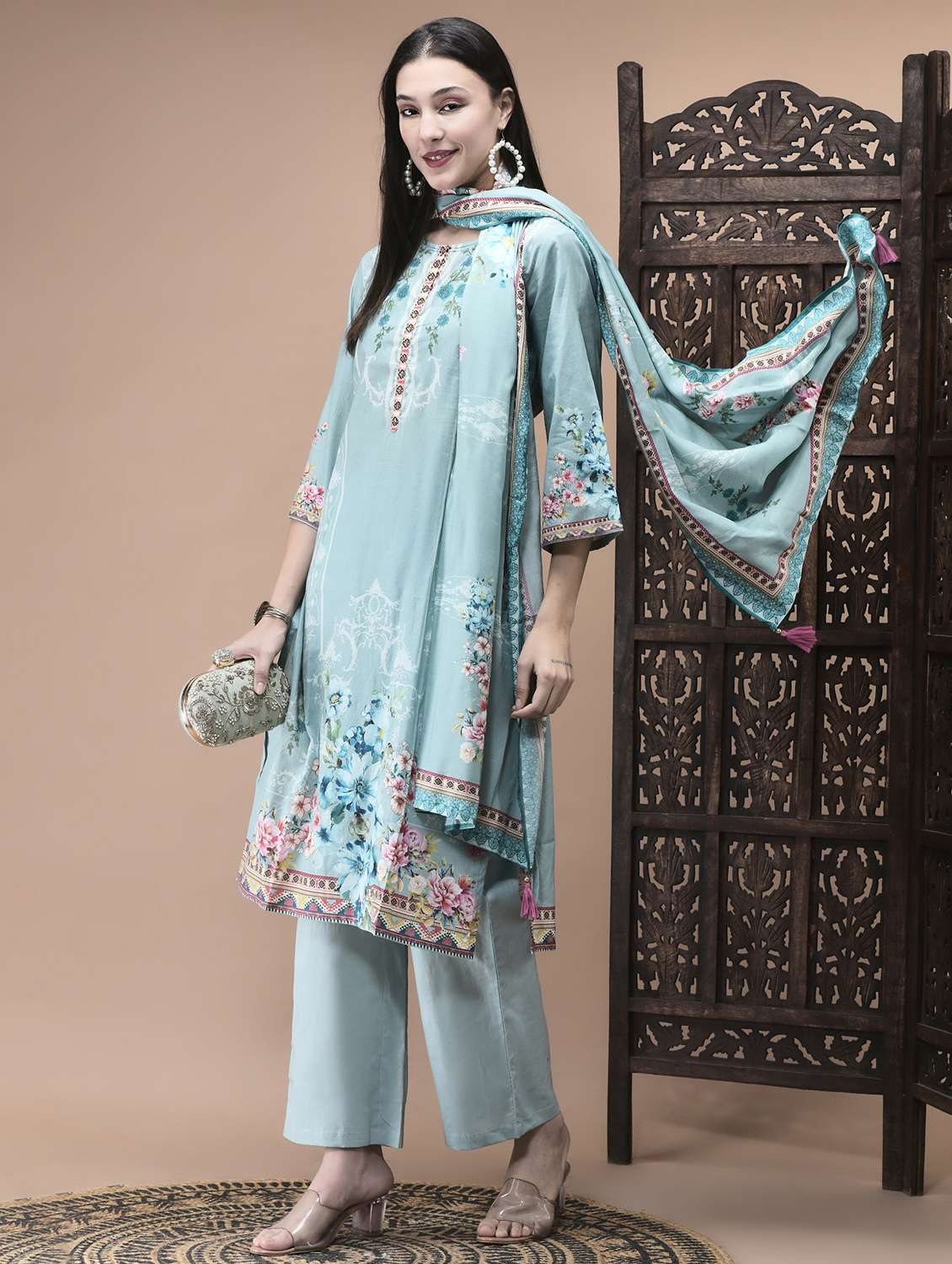 women floral three quarter sleeve kurta pant with dupatta set - 22070843 -  Standard Image - 1