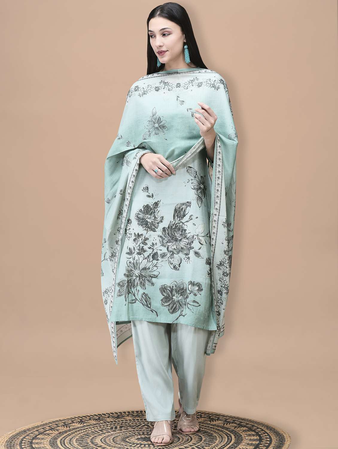 women floral three quarter sleeve kurta pant with dupatta set - 22070844 -  Standard Image - 1