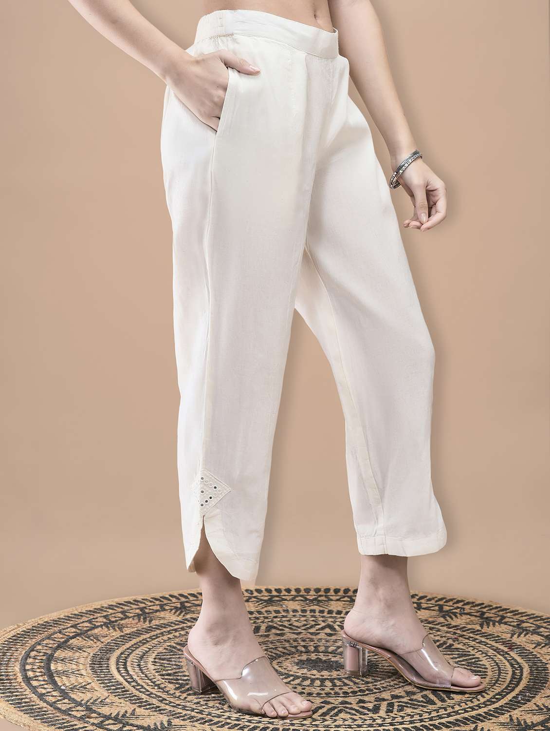 women solid with work three quarter sleeve kurta pant set - 22070845 -  Standard Image - 4