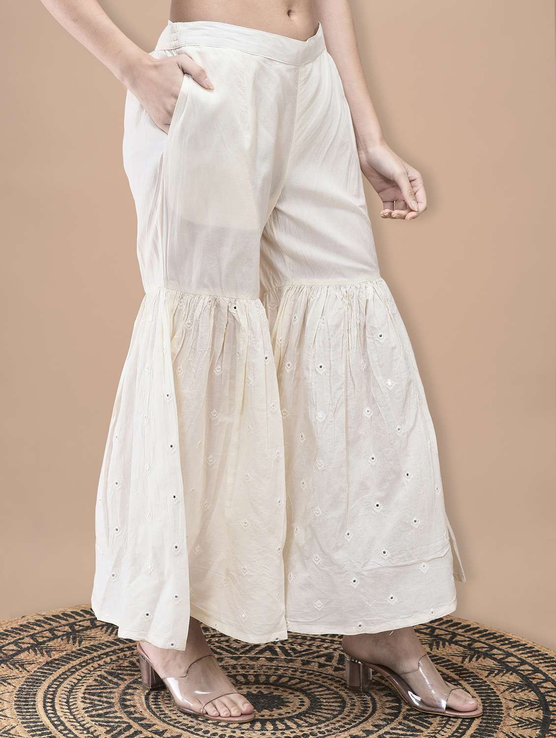 women solid with work three quarter sleeve kurta sharara with dupatta set - 22070847 -  Standard Image - 4