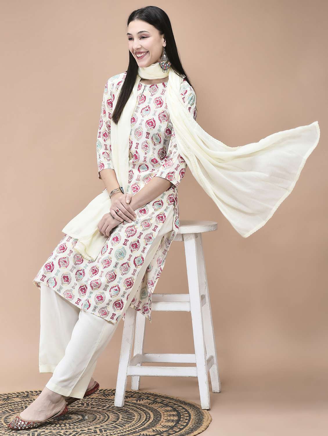 women printed three quarter sleeve kurta pant with dupatta set - 22070849 -  Standard Image - 1