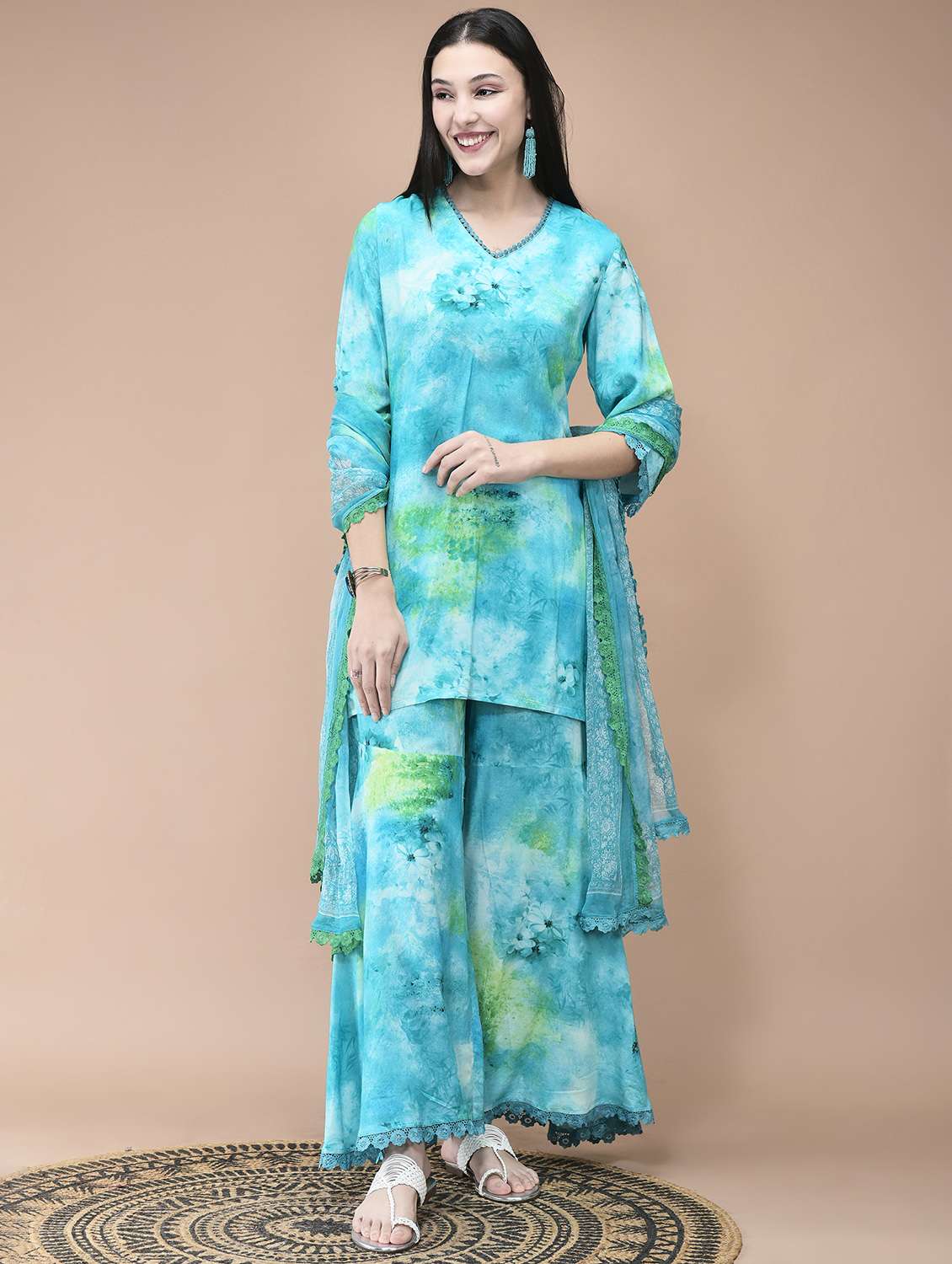 women printed three quarter sleeve kurta sharar with dupatta set - 22070854 -  Standard Image - 1