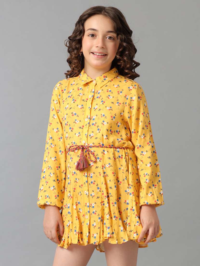 girls printed long sleeve collared fit & flare dress - 22071061 - Standard Image - 1