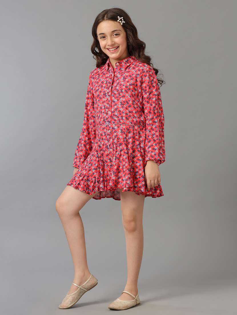 girls printed collared long sleeve tiered dress - 22071062 - Standard Image - 1