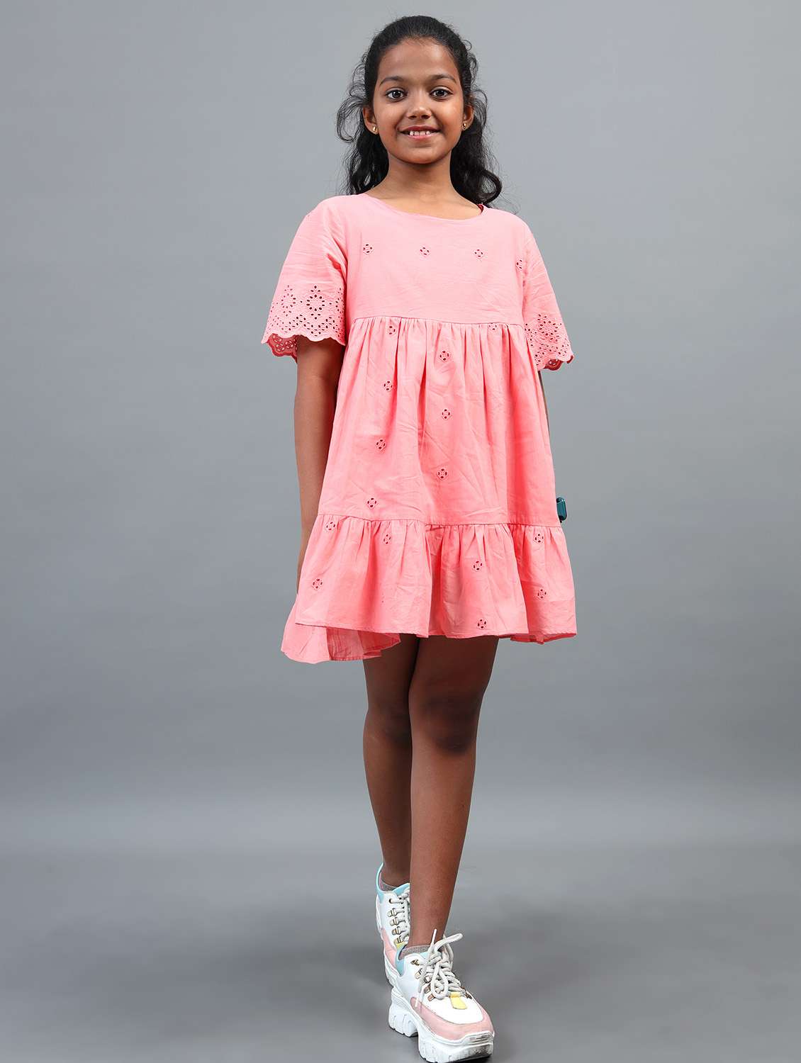 girls solid short sleeve schiffli tiered dress - 22071068 -  Standard Image - 1
