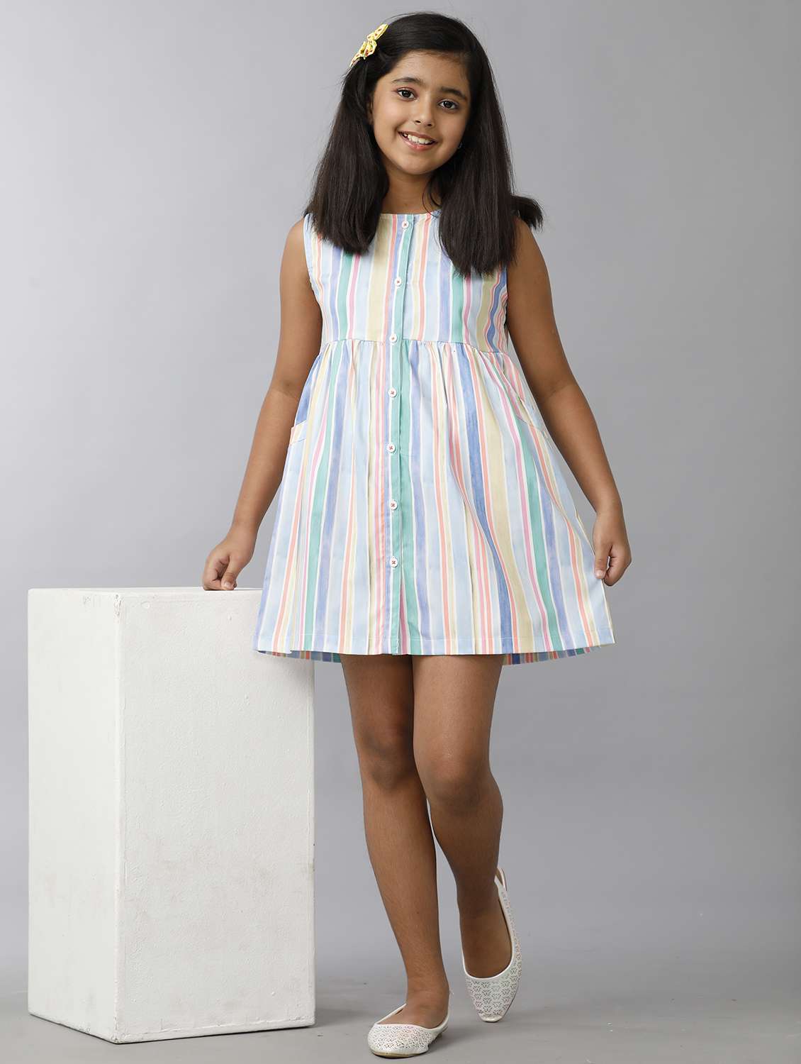girls striped round neck sleeveless fit & flare dress
