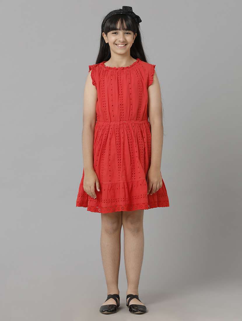 girls solid sleeveless schiffli fit & flare dress
