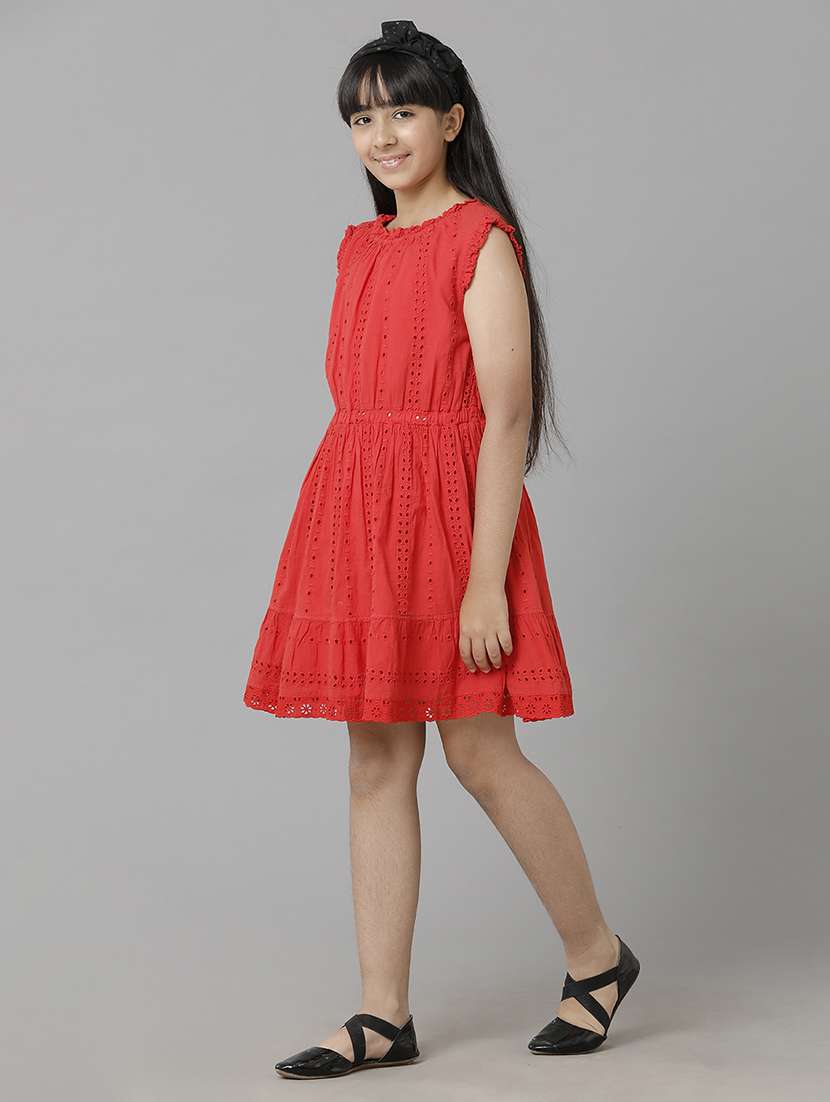 girls solid sleeveless schiffli fit & flare dress - 22071072 - Standard Image - 1