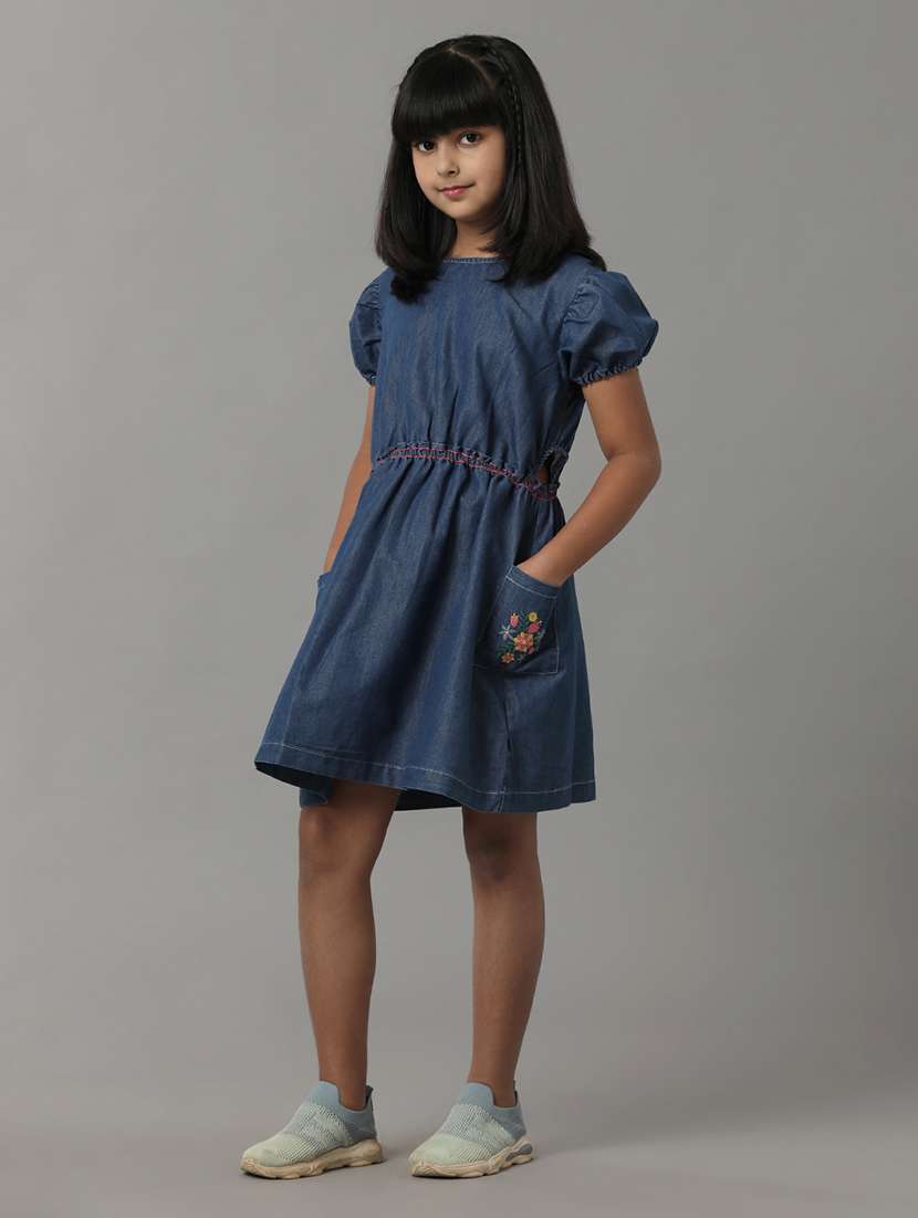 girls solid puff sleeve denim fit & flare dress - 22071076 - Standard Image - 1