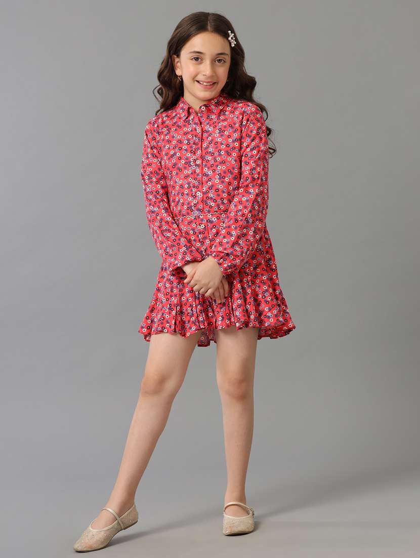 girls printed collared long sleeve tiered dress - 22071097 -  Standard Image - 1