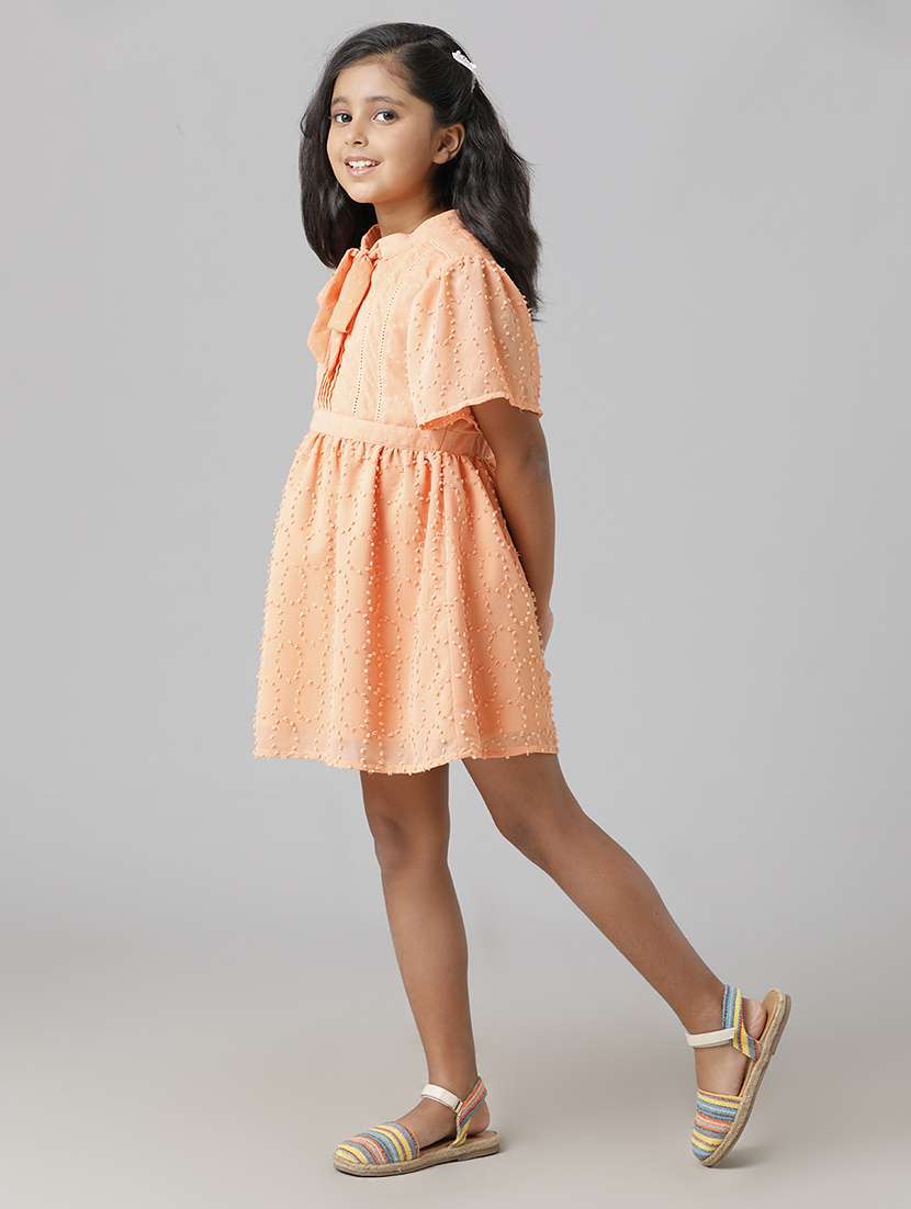 girls solid puff sleeve schiffli fit & flare dress - 22071106 -  Standard Image - 1