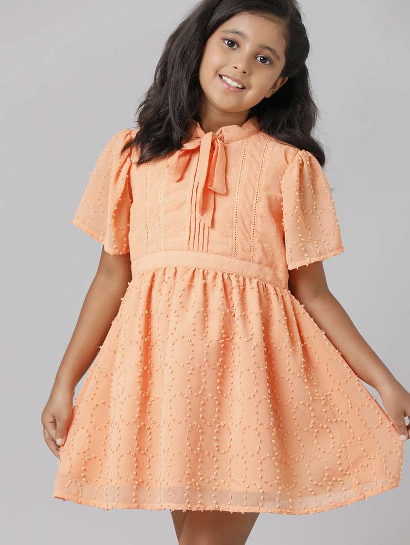 girls solid puff sleeve schiffli fit & flare dress - 22071106 - Standard Image - 4