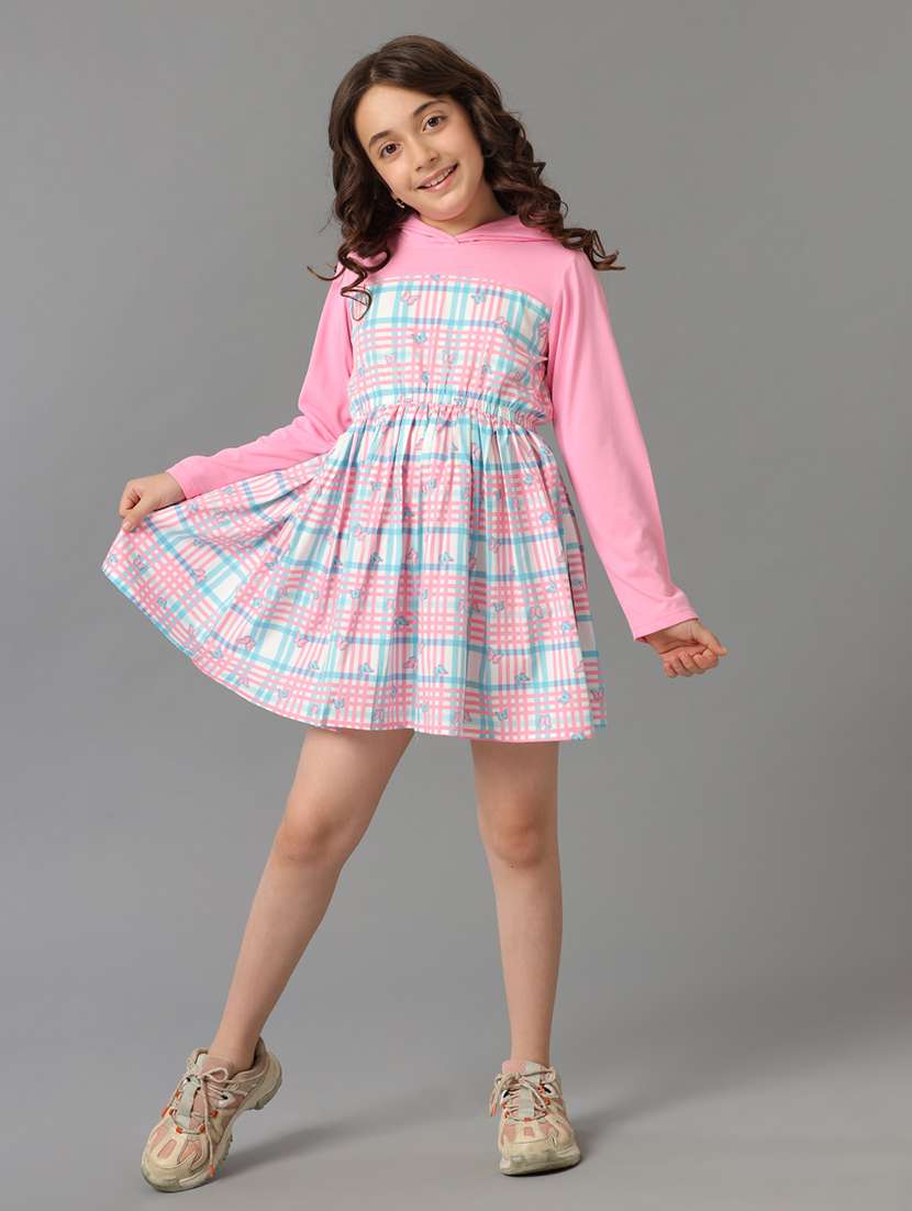 girls printed long sleeve hooded fit & flare dress - 22071108 - Standard Image - 1