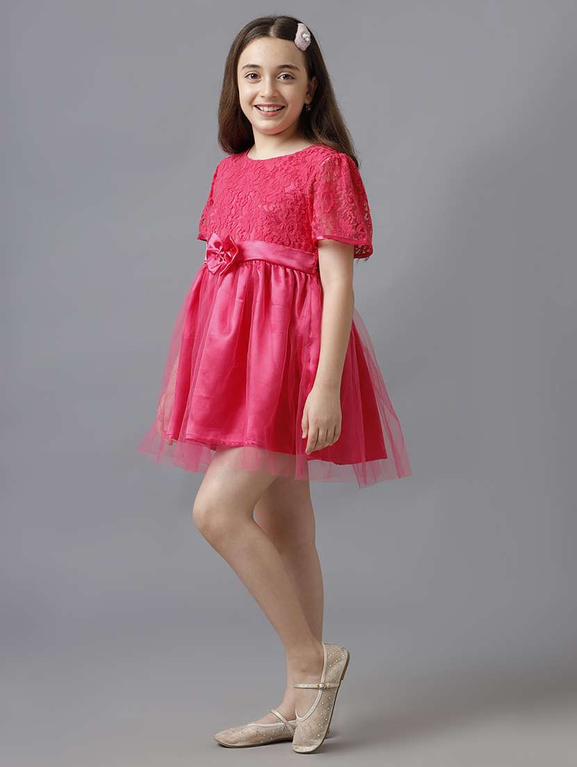 girls solid short sleeve lace fit & flare dress - 22071114 - Standard Image - 1