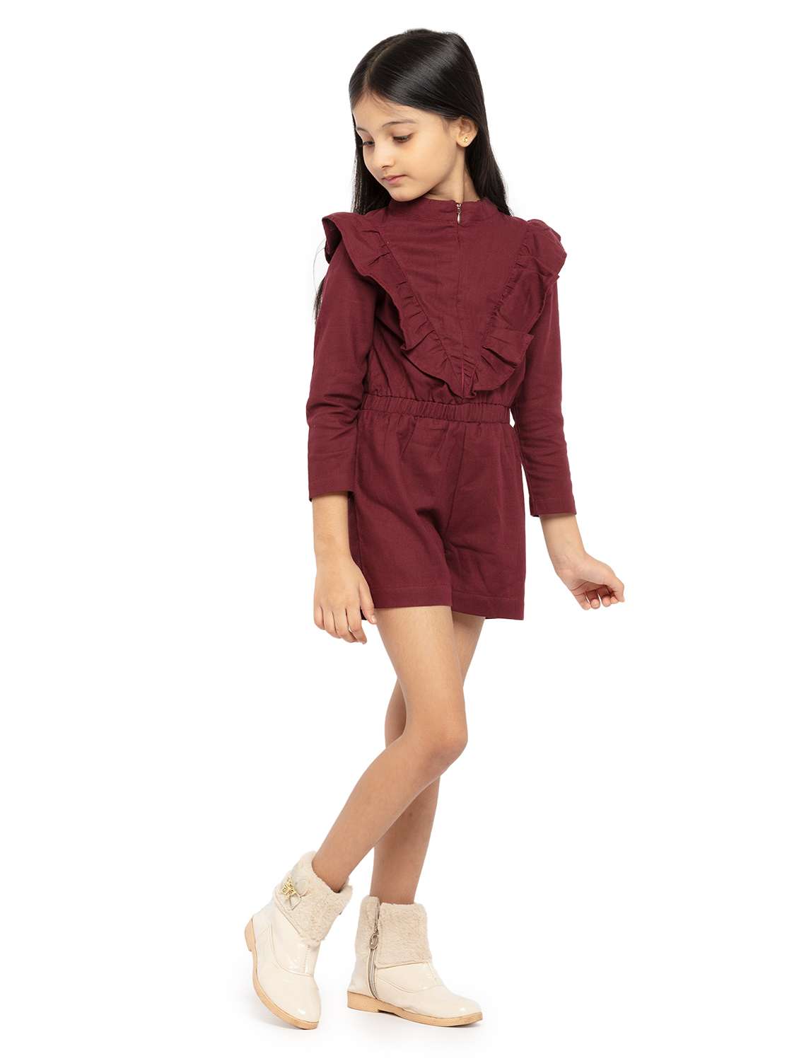 girls maroon solid long sleeve playsuit - 22071115 -  Standard Image - 1