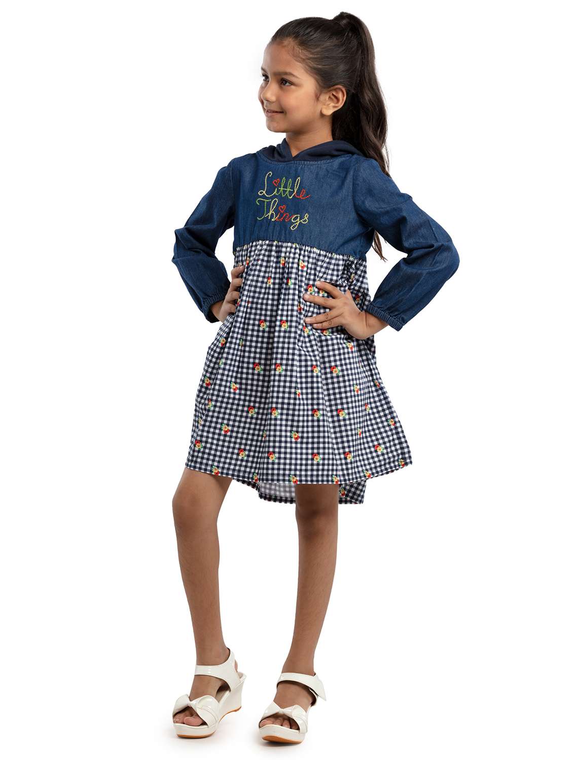 girls checkered long sleeve hooded fit & flare dress - 22071132 -  Standard Image - 1