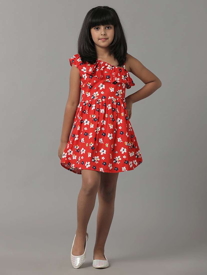 girls printed single shoulder fit & flare dress