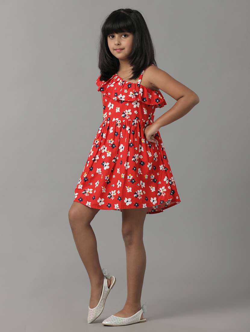 girls printed single shoulder fit & flare dress - 22071156 -  Standard Image - 1