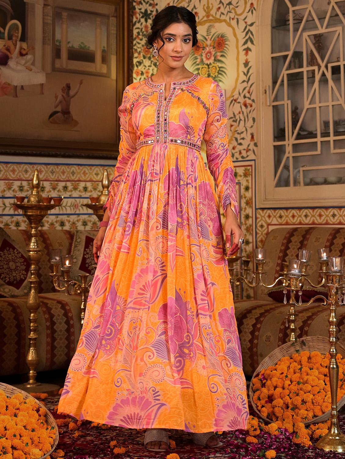 women floral print long sleeve anarkali kurta and dupatta set - 22071177 - Standard Image - 1
