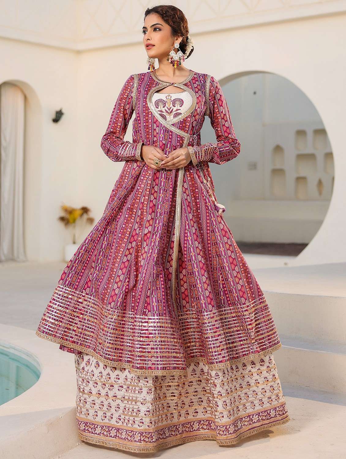 women printed long sleeve anarkali ethnic gown