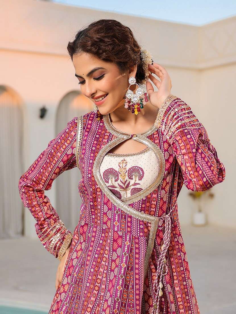 women printed long sleeve anarkali ethnic gown - 22071182 - Standard Image - 1
