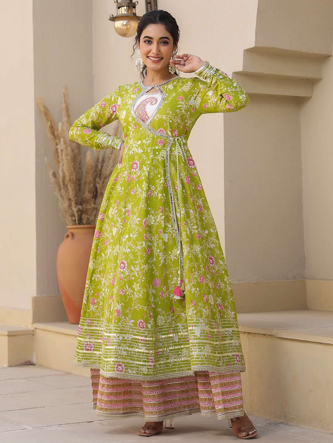 women floral printed long sleeve anarkali ethnic gown
