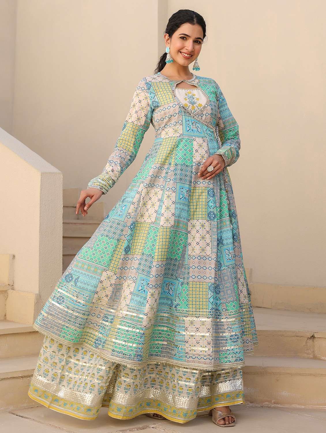 women printed long sleeve anarkali ethnic gown - 22071185 - Standard Image - 1